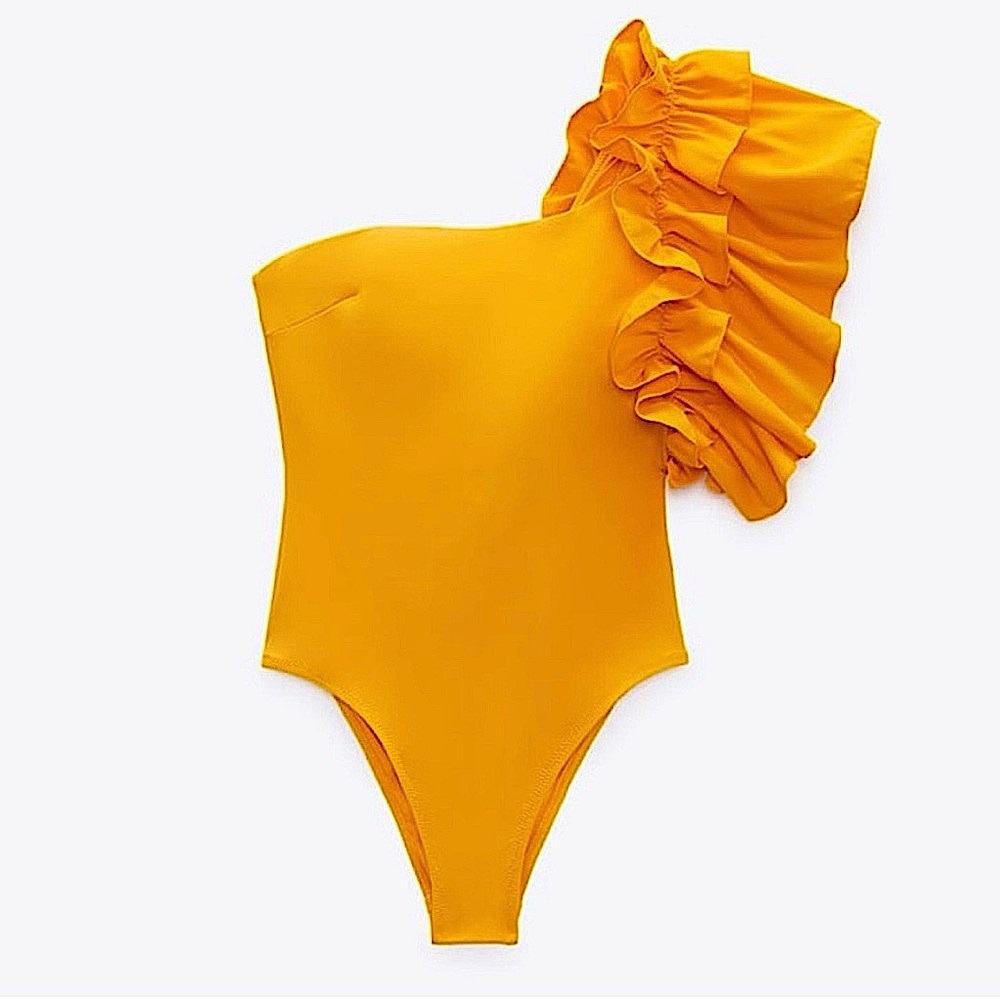 Zara Large Ruffle One Shoulder One Piece Swimsuit in Bright Yellow - Picture 2 of 15